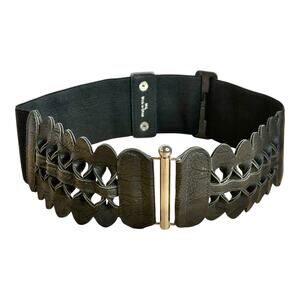 Wide Black Stretch Woven Black Leather Snap Closure Silver Tone Center Women M/L